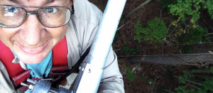 AA1K works on the new upper 10-meter beam while standing atop the Rohn 45. 