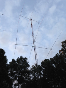 The 40-meter stack of Hy Gain 3-element yagis on a Rohn 55 tower at AA1K