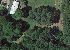Google maps' satellite view shows 20-meter tower (lower left), 160-meter driven element/10-meter high yagi tower (top center) and 40-meter Rohn 55 tower (lower right).