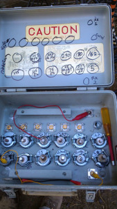 Homebrew relay box under construction, built in military test equipment surplus box.